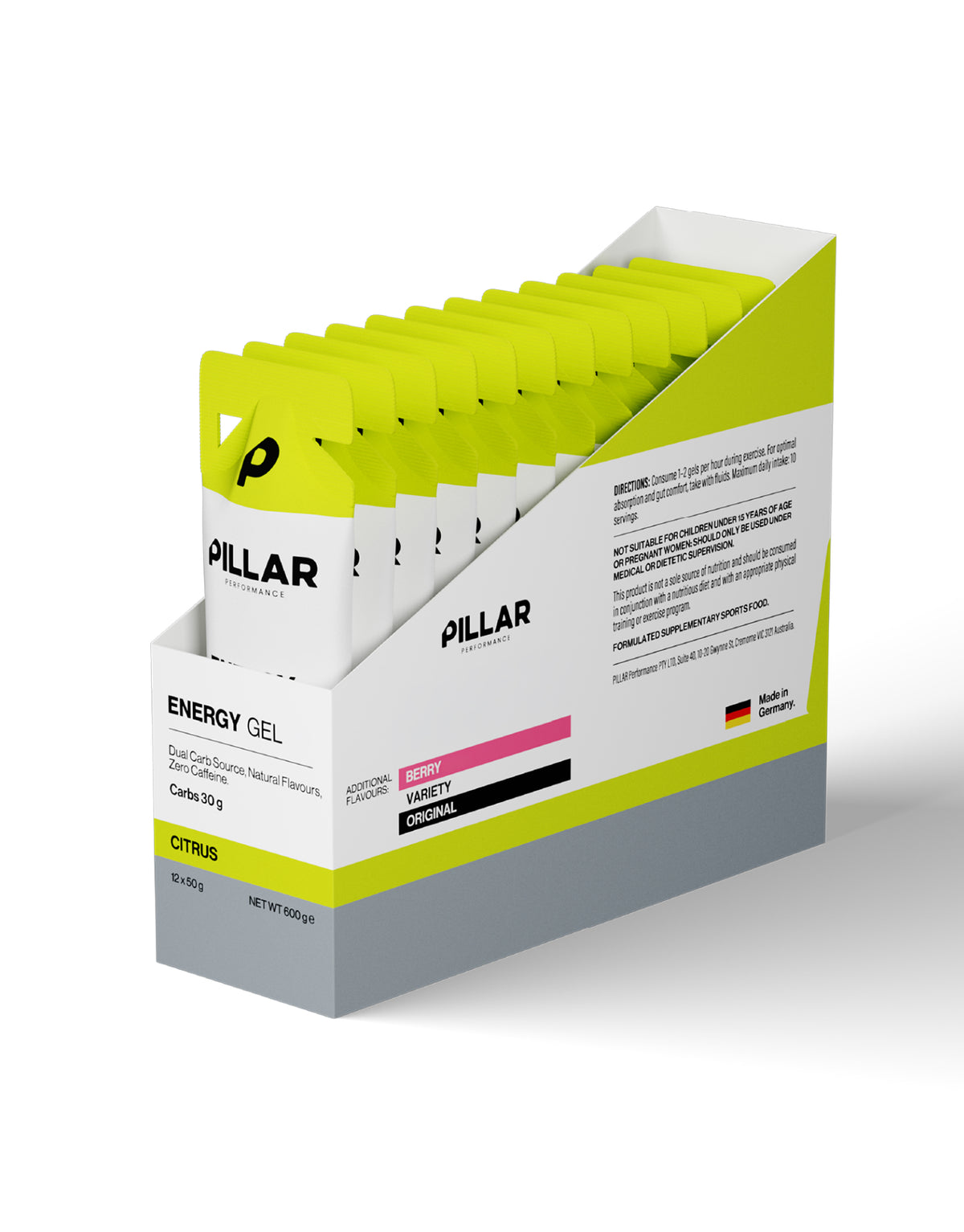 Gel deportivo PILLAR Performance 30G para running, ciclismo y triatlón - cítrico